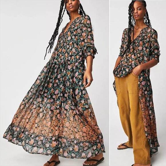 FREE PEOPLE See It Through Long Sleeve Maxi DRESS S M L Floral Black Combo NEW - Picture 1 of 14